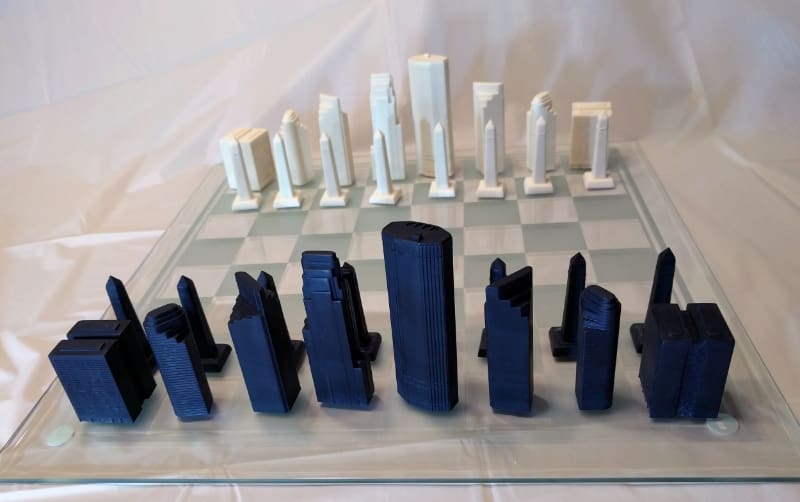 3D printed Minneapolis Skyline chess pieces