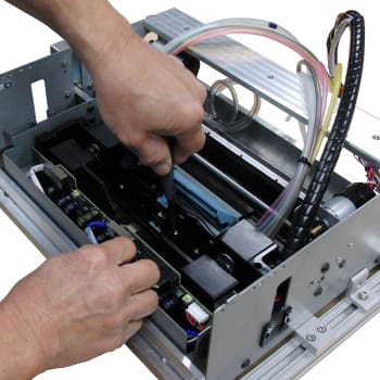 Label printer assembly thumb
