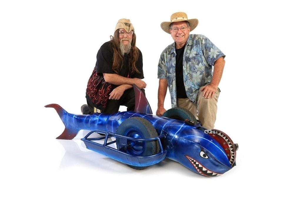 Ed Robinson, left, and John Hoffman, right, pose with their bot, Sharkoprion.