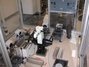 Overhead view of a custom microplate-cleaning robot