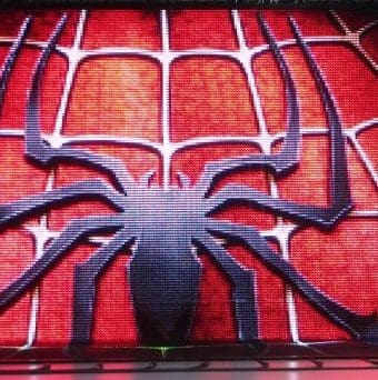 Outdoor LED video display showing Spiderman graphic